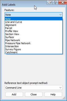 Civil 3D Add Labels feature list